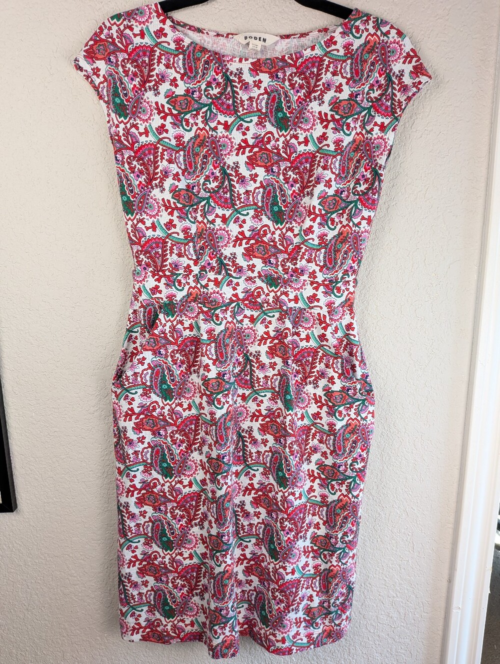 Boden 100% Cotton Sheath Dress Size 6 Boat Neck Pockets Paisley Work Office